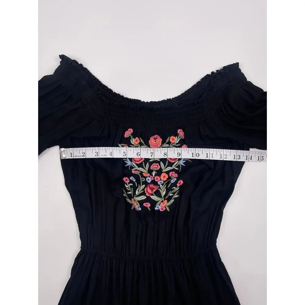 Hollister Size XS Black Floral Embroidered Long‑Sleeve Babydoll Dress - Picture 10 of 13
